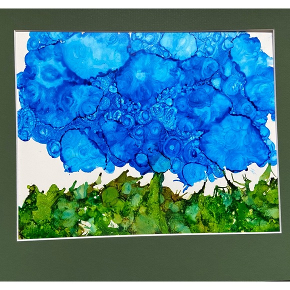Hand Crafted Other - Hand crafted abstract original one of a kind blue botanical alcohol ink painting